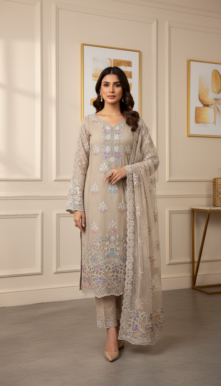 Elegant Taupe Embroidered Chiffon 3-Piece Pakistani Suit with Pastel Threadwork